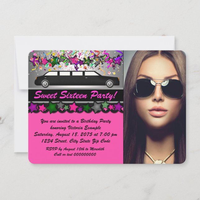 Invitation Black Limo Hot rose Black Photo Sweet 16 Party (Devant)