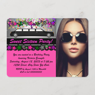 Invitation Black Limo Hot rose Black Photo Sweet 16 Party