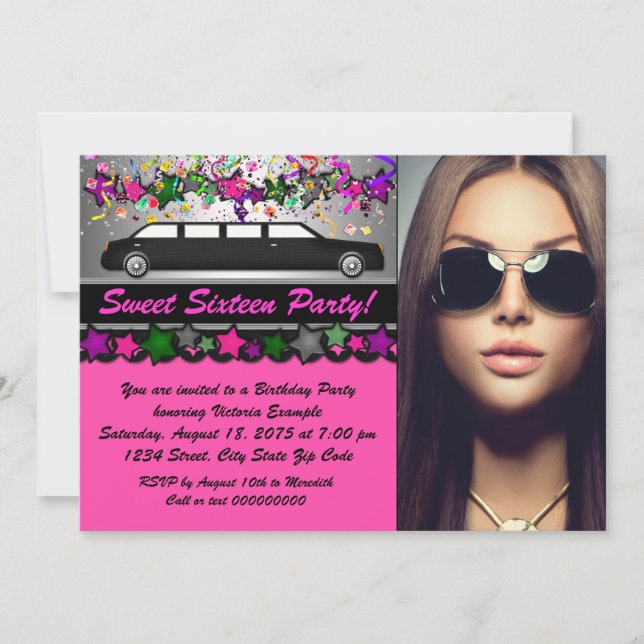 Invitation Black Limo Hot rose Black Photo Sweet 16 Party (Devant)