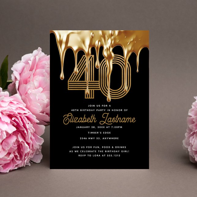 Invitation Black Liquid Gold Drip tendance 40e anniversaire (Créateur téléchargé)