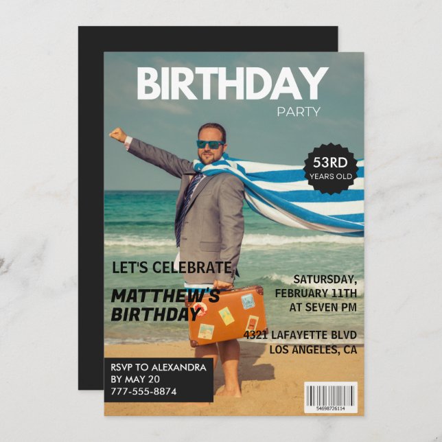 Invitation Black Magazine Humour Photo 53e anniversaire (Devant / Derrière)