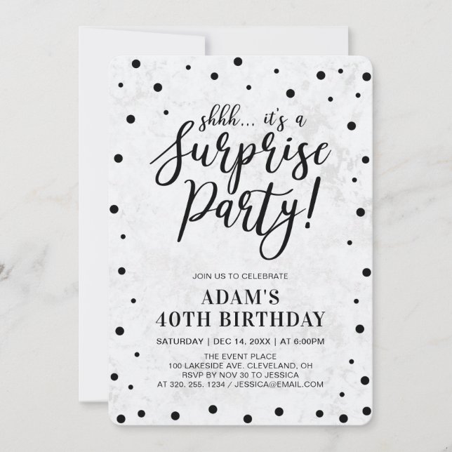 Invitation Black & Marble | Fête d'anniversaire surprise mode (Devant)