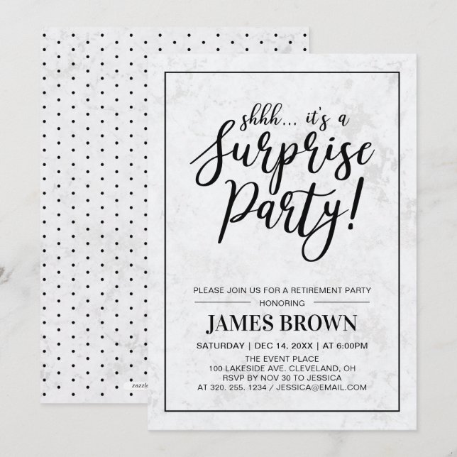 Invitation Black & Marble | Fête de retraite moderne surprise (Devant / Derrière)