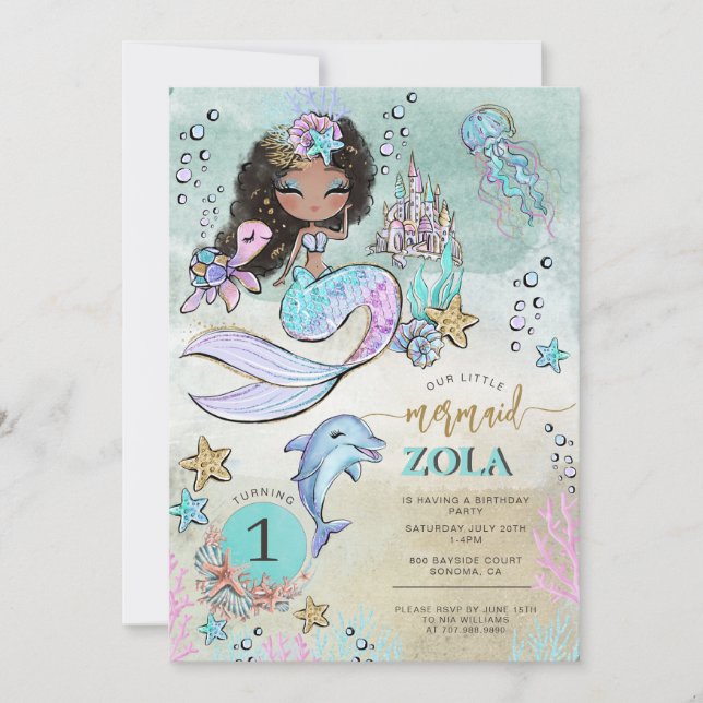 Invitation Black Mermaid Modifiable Under The Sea 1er Anniver (Devant)