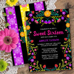 Invitation Black Mexicaine Fiesta Folk Art Floral Sweet sixte<br><div class="desc">Sweet sixteen floral Invitation pour la célébration du 16e anniversaire de votre fille. Ce joli thème présente des fleurs d'art populaire mexicaines vives et colorées en rouge, rose, violet et jaune sur un arrière - plan noir. Le dos de la carte a la festa mexicaine, le picado papel floral en...</div>