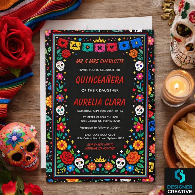 Invitation Black Mexican Fiesta Floral Gold Tiara Quinceañera (Black Mexican Fiesta Floral Gold Tiara Quinceañera )