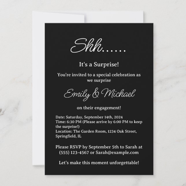 Invitation Black Minimal Surprise Engagement Party (Devant)