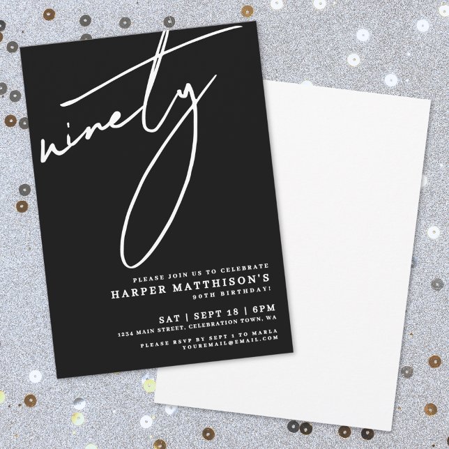 Invitation Black Minimalist Ninety 90th Birthday Party (Black Minimalist Ninety 90th Birthday Party Invitation)