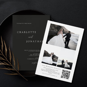 Invitation Black Minimalist Photo Collage QR Code Mariage