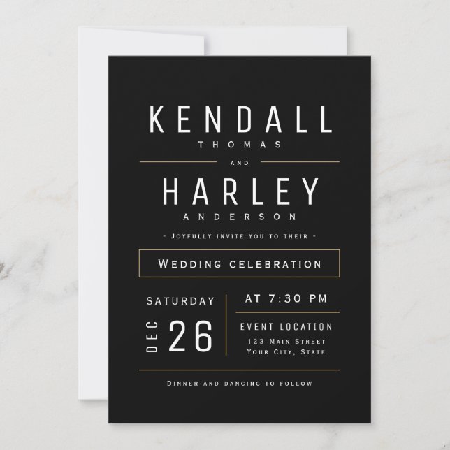 Invitation Black Modern Chic Simple Typographie Mariage photo (Devant)