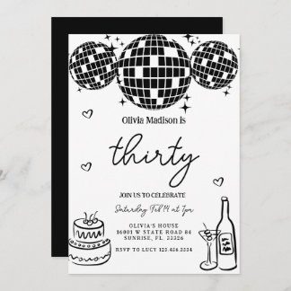 Invitation Black Modern Disco Ball 30e fête d'anniversaire