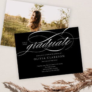 Invitation Black Modern Elegant Script Photo Graduation Party