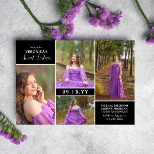 Invitation Black Modern Minimal Photo Collage Sweet sixteen