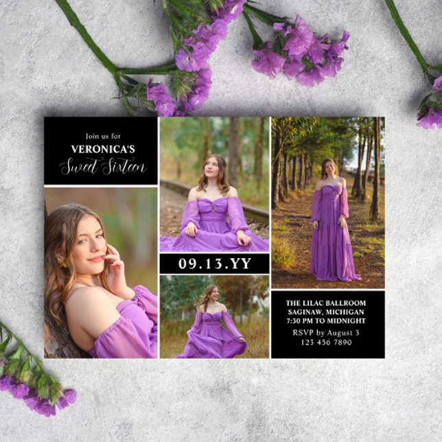 Invitation Black Modern Minimal Photo Collage Sweet sixteen (Créateur téléchargé)