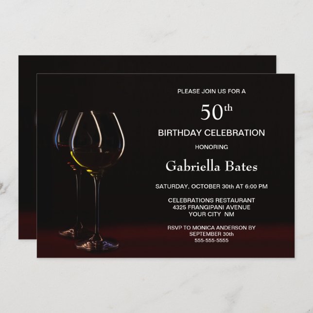 Invitation Black moderne 50e anniversaire Vin Glass Party (Devant / Derrière)