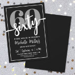 Invitation Black moderne 60e fête d'anniversaire<br><div class="desc">Voici une invitation simple et moderne à la fête du 60e anniversaire, parfaite pour célébrer ce jalon dans le style. Le design épuré présente un arrière - plan noir audacieux avec un grand "60" en gris au sommet. Juste en dessous, "Sixty" est magnifiquement écrit en calligraphie en écriture blanche, ajoutant...</div>