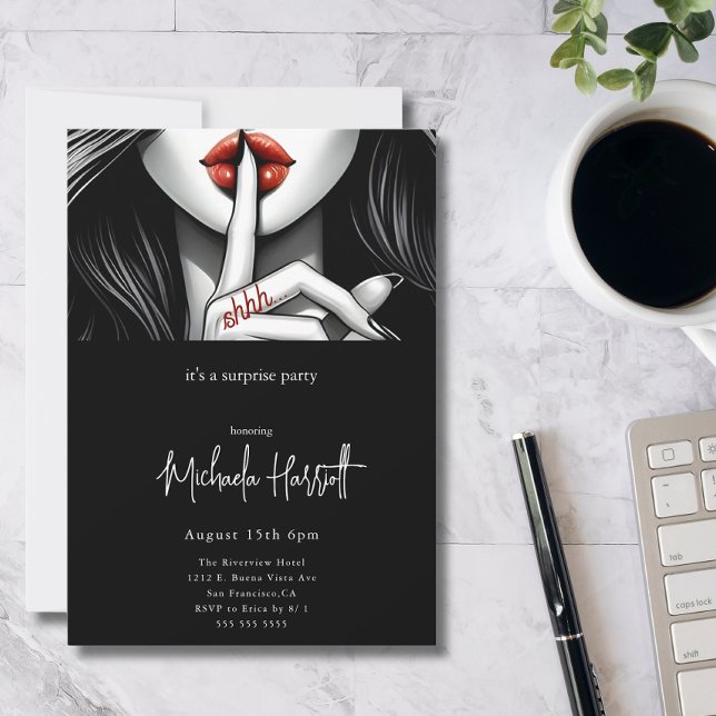 Invitation Black moderne Shh Surprise fête d'anniversaire (Créateur téléchargé)