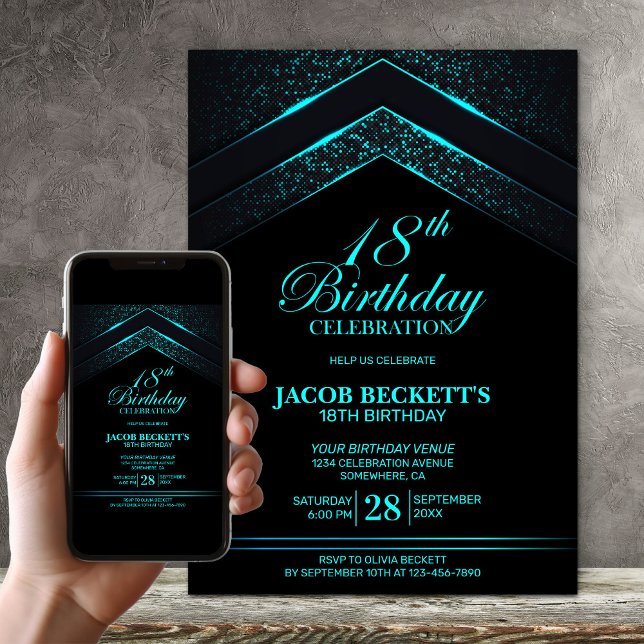 Invitation Black moderne Turquoise 18ème anniversaire (Créateur téléchargé)