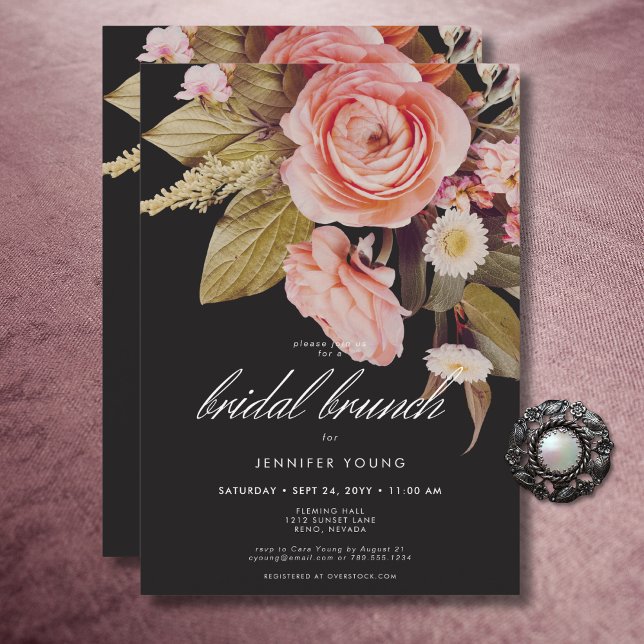 Invitation Black Moody Rose Blush Blooms Bridal Brunch (Black Moody Pink Blush Blooms Bridal Brunch Invitation)