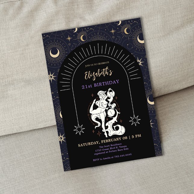 Invitation Black Mystic Aquarius Zodiac 21e anniversaire (Black Mystic Aquarius Zodiac 21st Birthday Invitation)