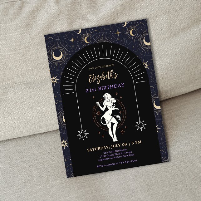 Invitation Black Mystic Leo Zodiac 21e anniversaire (Black Mystic Leo Zodiac 21st Birthday Invitation)