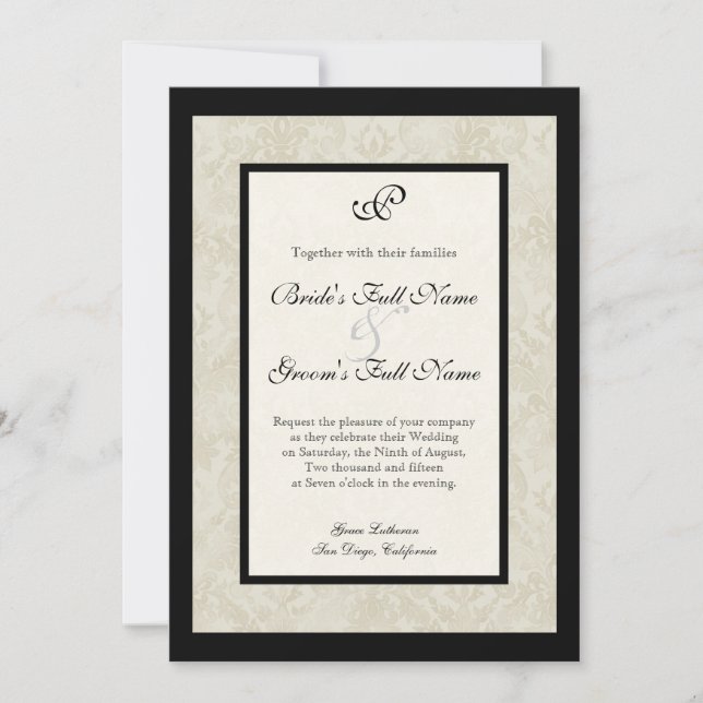 Invitation Black n Cream Fleur de Lis Mariage damassé (Devant)