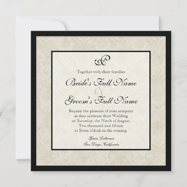 Invitation Black n Cream Fleur de Lis Mariage damassé (Devant)