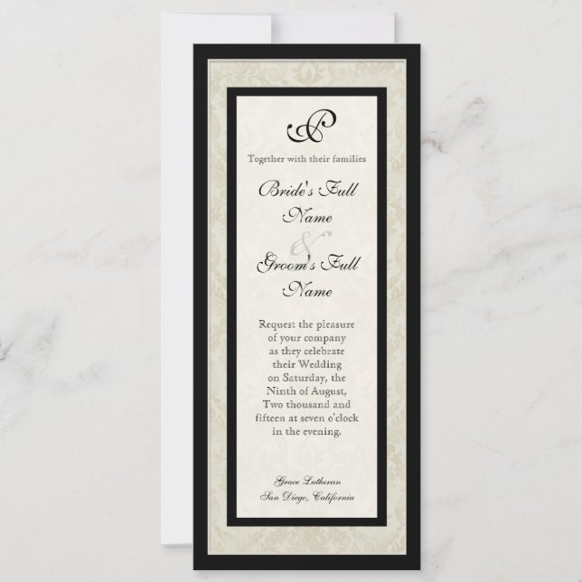 Invitation Black n Cream Fleur de Lis Mariage damassé (Devant)