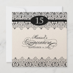 Invitation Black n White Lace Look Silver 15e Quinceanera