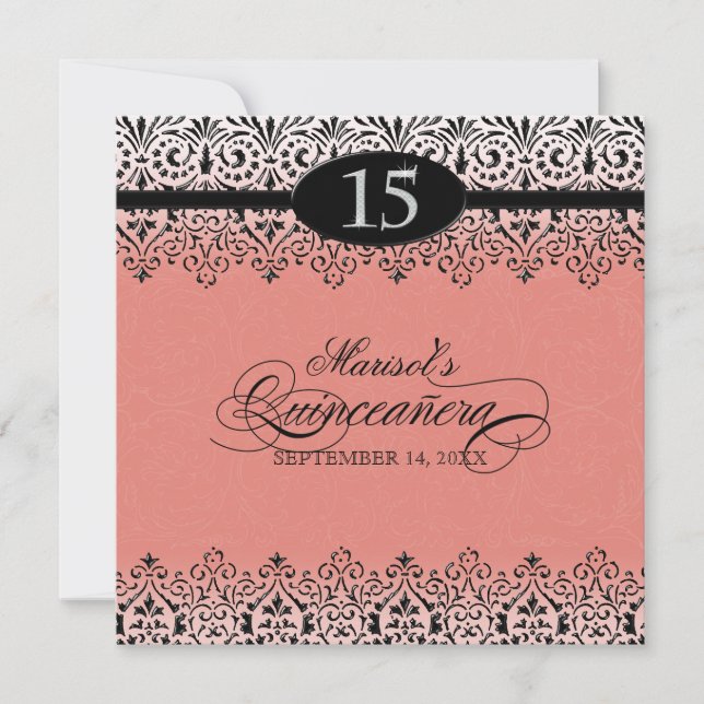 Invitation Black n White Lace Look Silver 15e Quinceanera (Devant)
