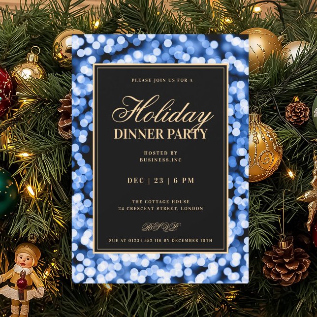 Invitation Black & Navy Blue Glam Lights Holiday Dinner Party (Black & Navy Blue Glam Lights Holiday Dinner Party Invitation)