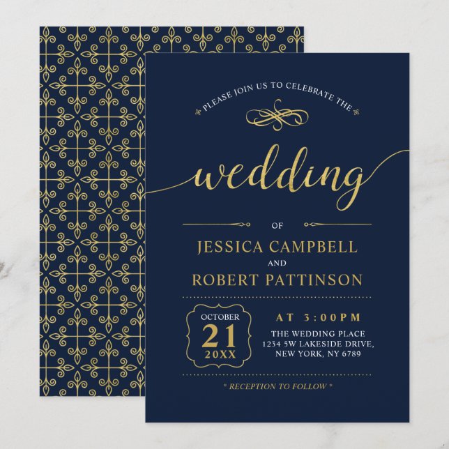 Invitation Black & Navy | Cérémonie de mariage classique élég (Devant / Derrière)