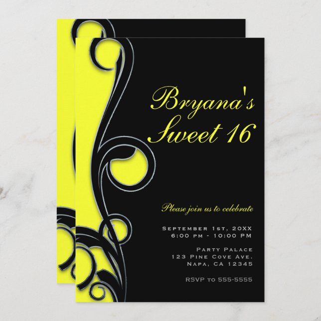 Invitation Black & Neon brillant Yellow Swirl Sweet 16 Party (Devant / Derrière)