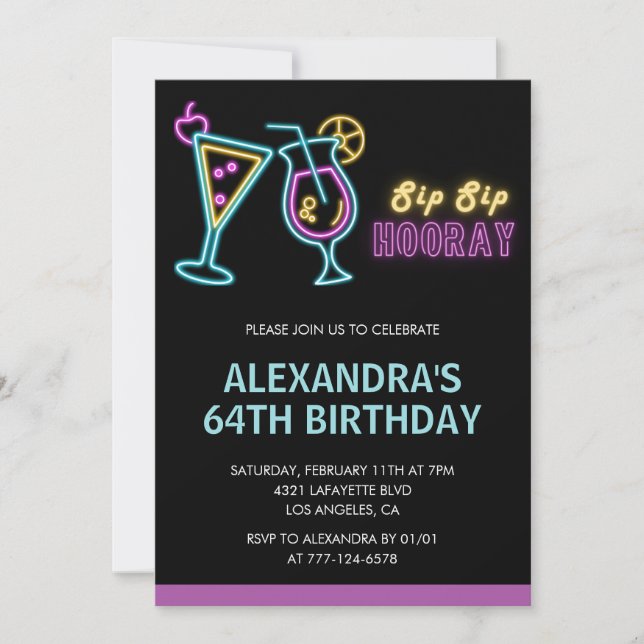 Invitation Black Neon Glow Cocktail Martini 64e anniversaire (Devant)