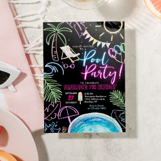 Invitation Black Neon Glow Watercolor Pool Party Birthday (Créateur téléchargé)