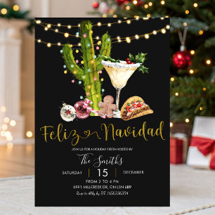Invitation Black Neon Mexican Feliz Navidad Fête de Noël Fies