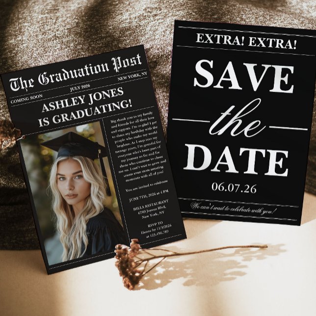 Invitation Black Newspaper Photo Graduation  (Créateur téléchargé)