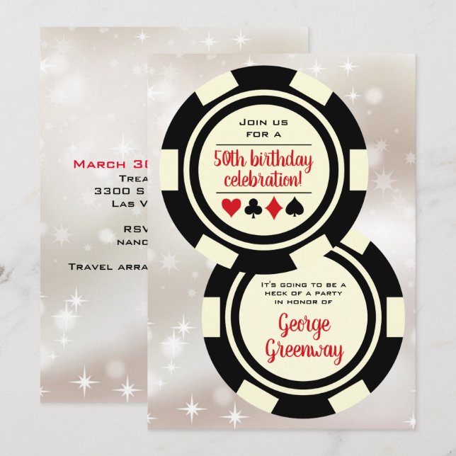 Invitation Black Off White Poker Chip Las Vegas Anniversaire (Devant / Derrière)