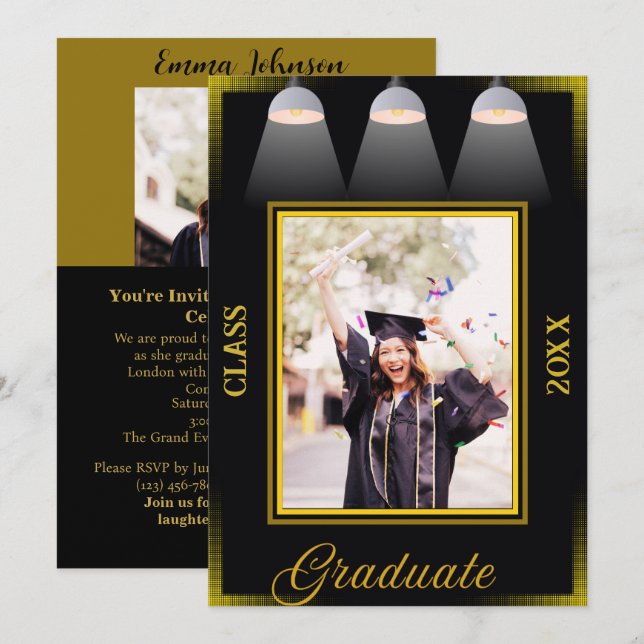 Invitation Black & Olive Green Lycée Photo Graduation (Devant / Derrière)