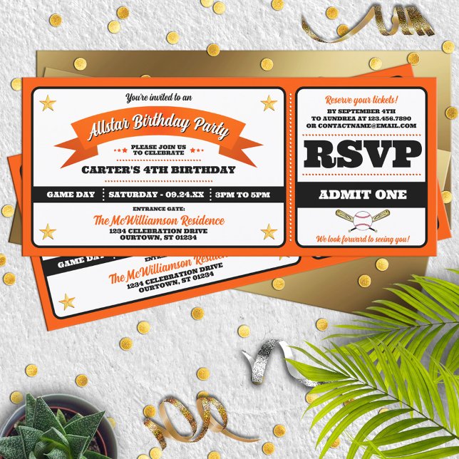 Invitation Black & Orange Baseball Allstar Ticket Birthday (Créateur téléchargé)