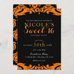 Invitation Black & Orange Damask Chic Elegant Sweet 16 Party