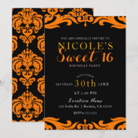 Black & Orange Damassé Chic Élégant Sweet 16 Fête
