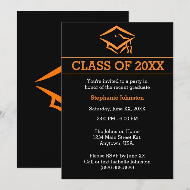 Invitation Black Orange Mortarboard Simple Graduation Party (Devant / Derrière)