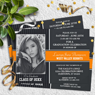 Invitation Black Orange Photo Graduation Annonces