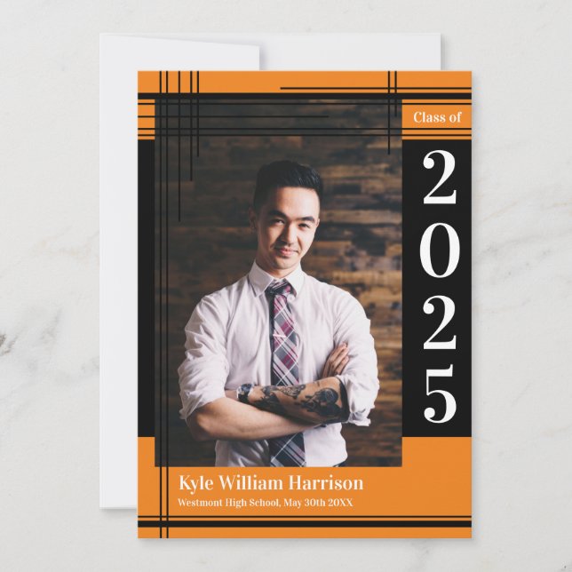 Invitation Black Orange School Couleur Graduation Photo Plaid (Devant)