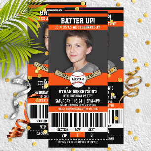Invitation Black Orange Ticket Style Baseball Anniversaire