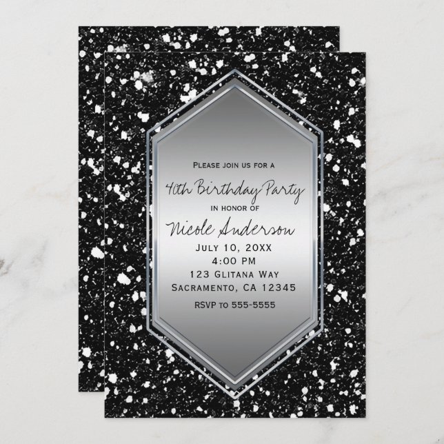 Invitation Black Parties scintillant Silver Glam Anniversaire (Devant / Derrière)