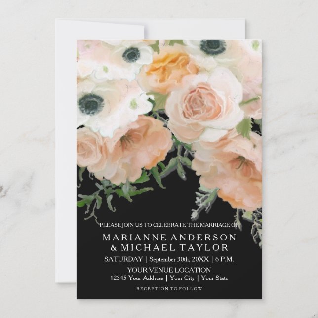 Invitation Black Pastel Petals Anglais Floral Rose Mariage (Devant)