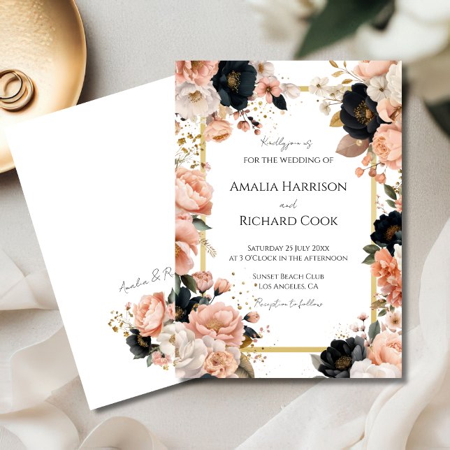 Invitation Black Peach Gold Floral Customizable Wedding  (Créateur téléchargé)