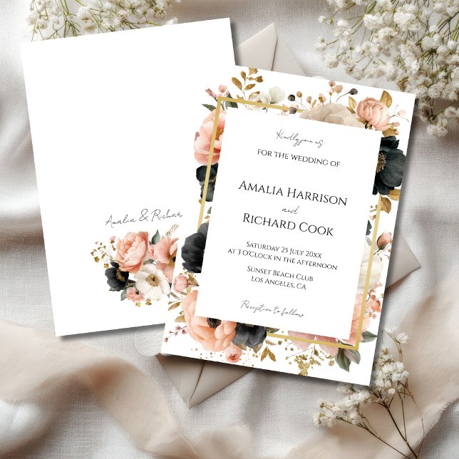 Invitation Black Peach Gold Floral Customizable Wedding  (Créateur téléchargé)